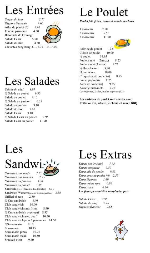 Page du menu : Entrées, salades et sandwichs