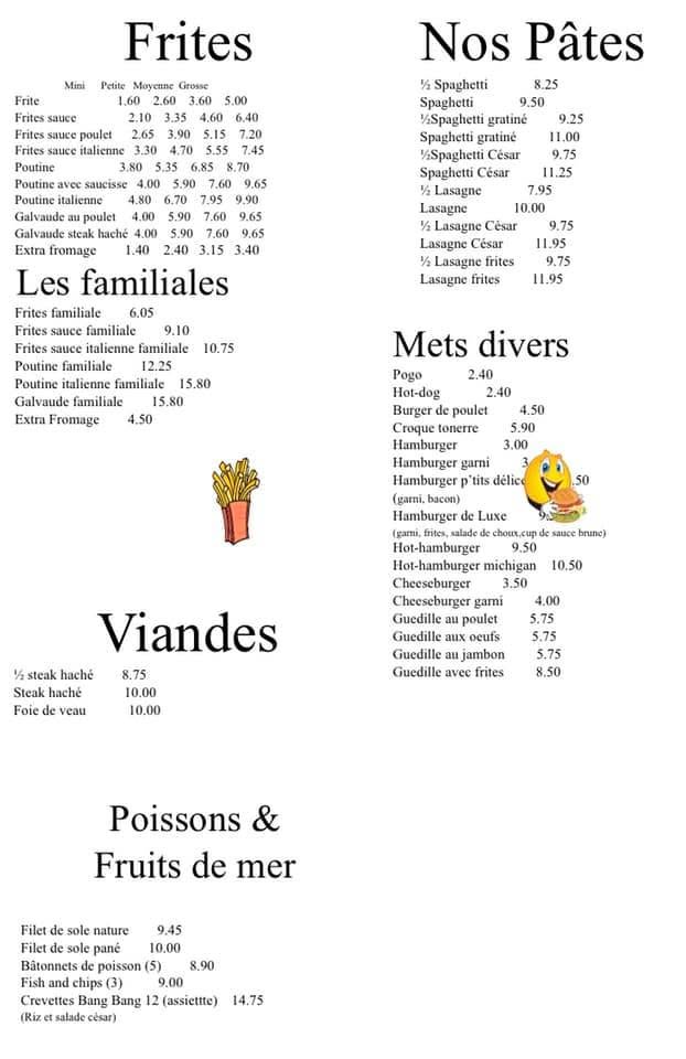 Page du menu : Frites, plats et classiques